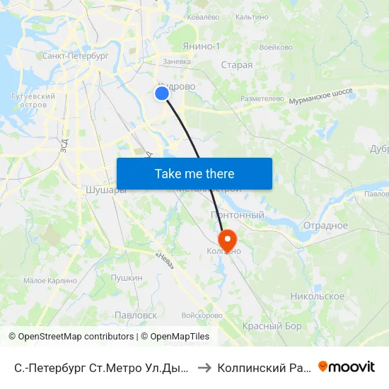 С.-Петербург  Ст.Метро Ул.Дыбенко to Колпинский Район map