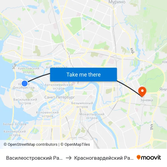 Василеостровский Район to Красногвардейский Район map