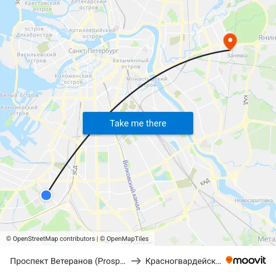 Проспект Ветеранов (Prospekt Veteranov) to Красногвардейский Район map