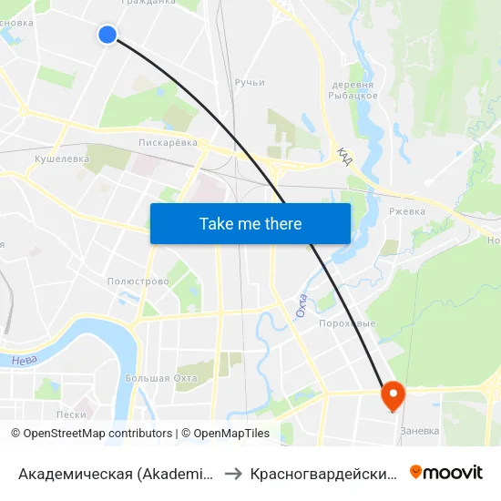 Академическая (Akademicheskaya) to Красногвардейский Район map