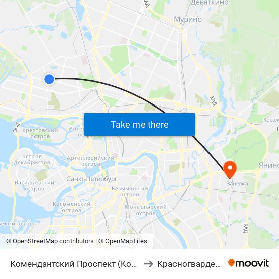 Комендантский Проспект (Komendantskiy Prospekt) to Красногвардейский Район map