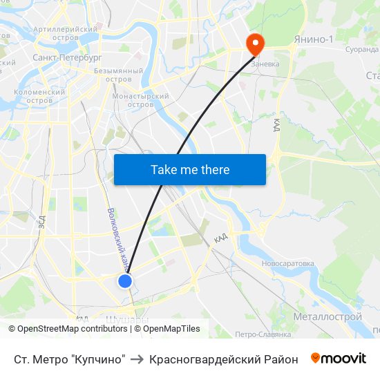 Ст. Метро "Купчино" to Красногвардейский Район map