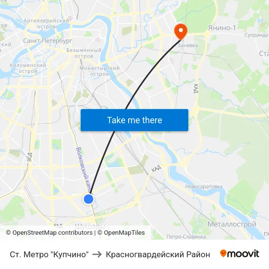 Ст. Метро "Купчино" to Красногвардейский Район map