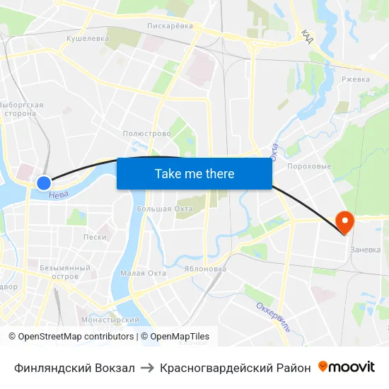 Финляндский Вокзал to Красногвардейский Район map