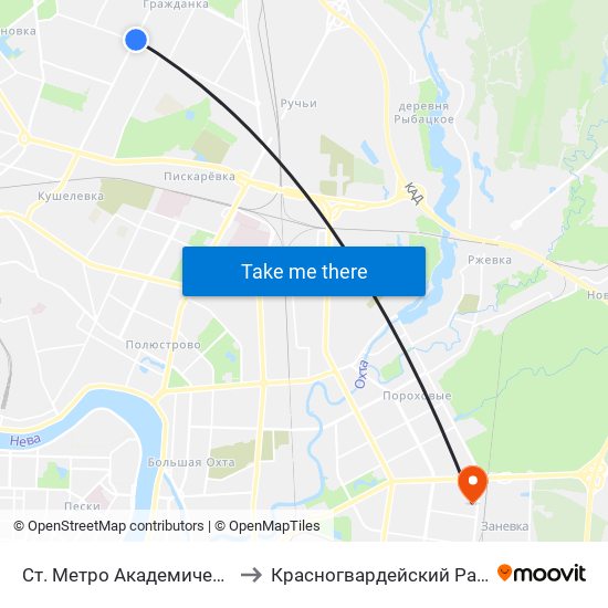 Ст. Метро Академическая to Красногвардейский Район map