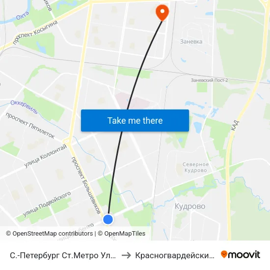 С.-Петербург  Ст.Метро Ул.Дыбенко to Красногвардейский Район map