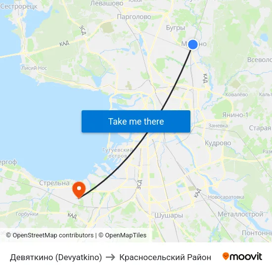 Девяткино (Devyatkino) to Красносельский Район map