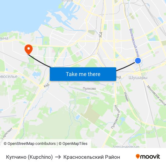 Купчино (Kupchino) to Красносельский Район map