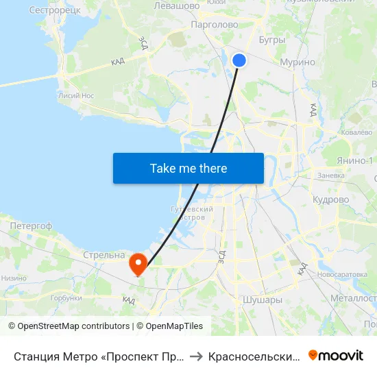 Станция Метро «Проспект Просвещения» to Красносельский Район map