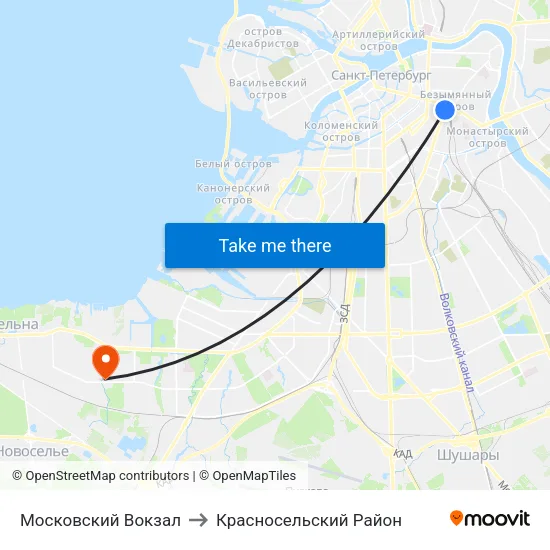 Московский Вокзал to Красносельский Район map