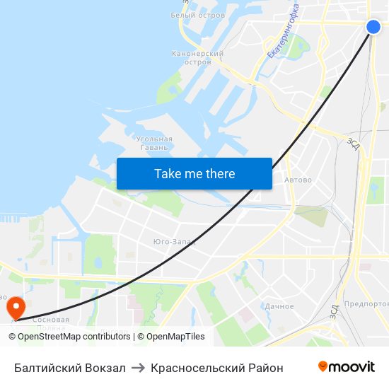 Балтийский Вокзал to Красносельский Район map