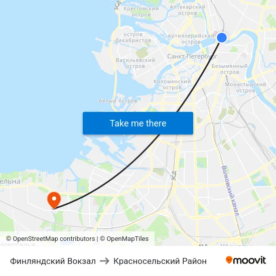 Финляндский Вокзал to Красносельский Район map