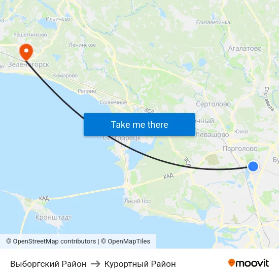 Выборгский Район to Курортный Район map