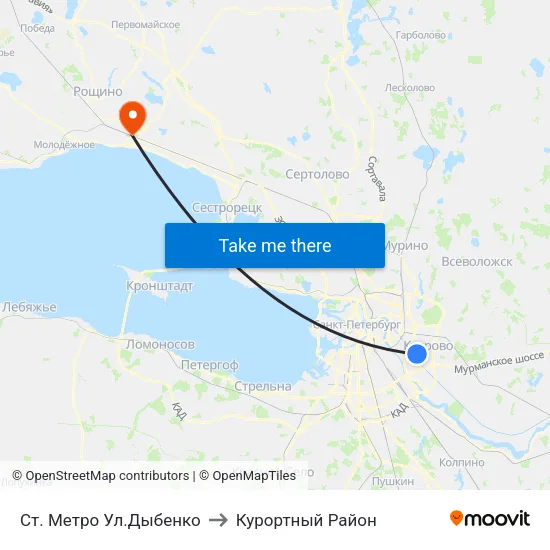 Ст. Метро Ул.Дыбенко to Курортный Район map