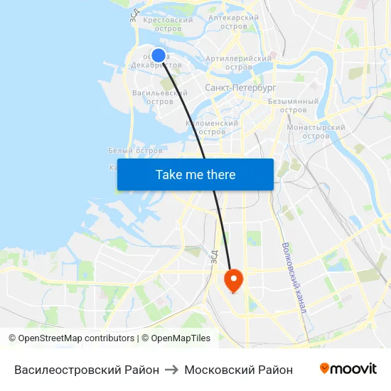 Василеостровский Район to Московский Район map
