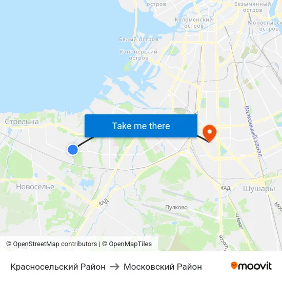 Красносельский Район to Московский Район map