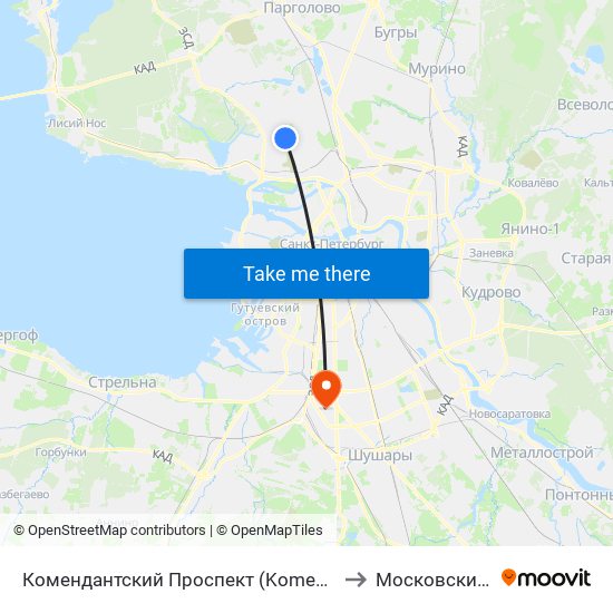 Комендантский Проспект (Komendantskiy Prospekt) to Московский Район map