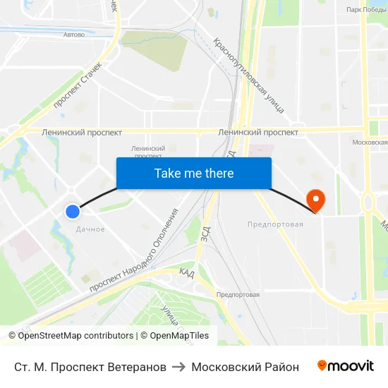 Ст. М. Проспект Ветеранов to Московский Район map