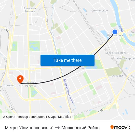 Метро "Ломоносовская" to Московский Район map