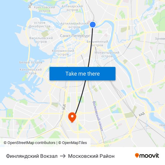 Финляндский Вокзал to Московский Район map