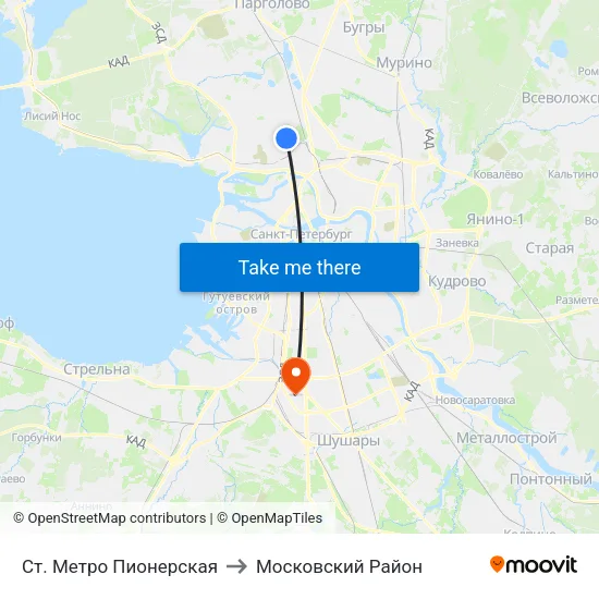 Ст. Метро Пионерская to Московский Район map