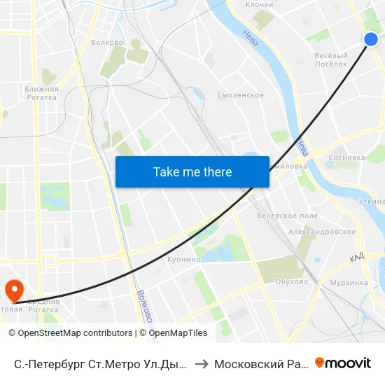 С.-Петербург  Ст.Метро Ул.Дыбенко to Московский Район map