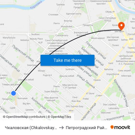 Чкаловская (Chkalovskaya) to Петроградский Район map