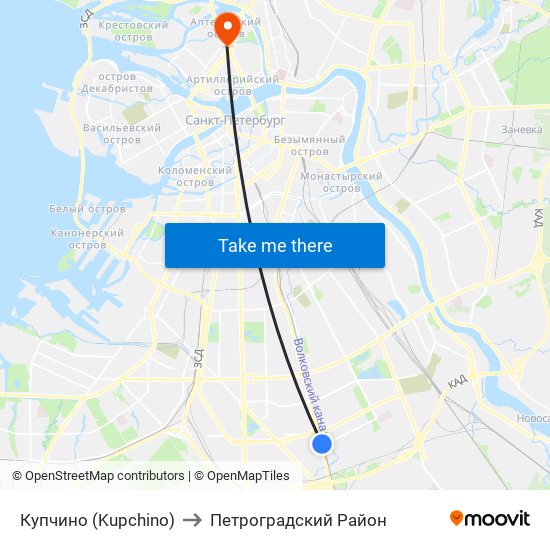 Купчино (Kupchino) to Петроградский Район map
