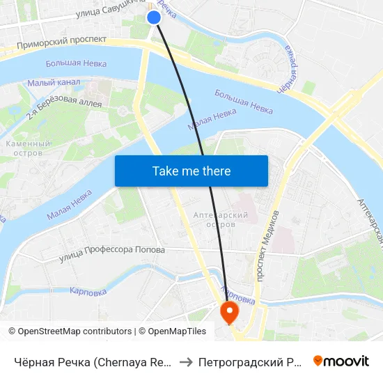 Чёрная Речка (Chernaya Rechka) to Петроградский Район map