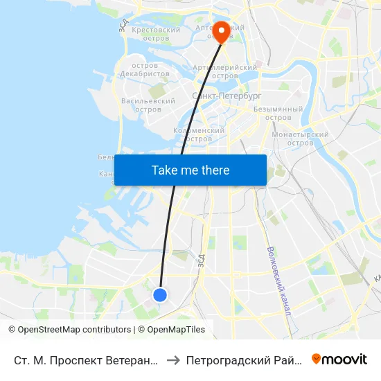 Ст. М. Проспект Ветеранов to Петроградский Район map