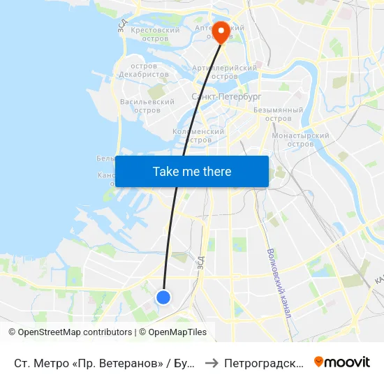 Ст. Метро «Пр. Ветеранов» / Бульвар Новаторов to Петроградский Район map