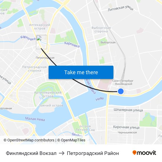 Финляндский Вокзал to Петроградский Район map