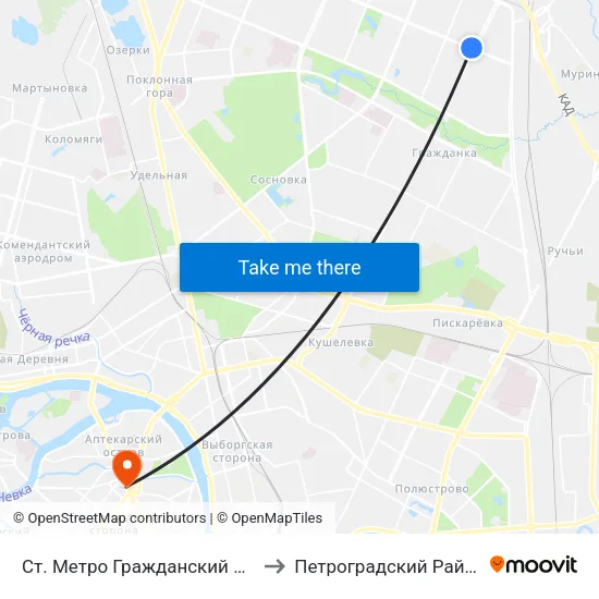 Ст. Метро Гражданский Пр. to Петроградский Район map