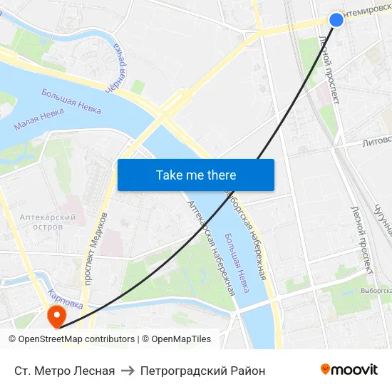 Ст. Метро Лесная to Петроградский Район map