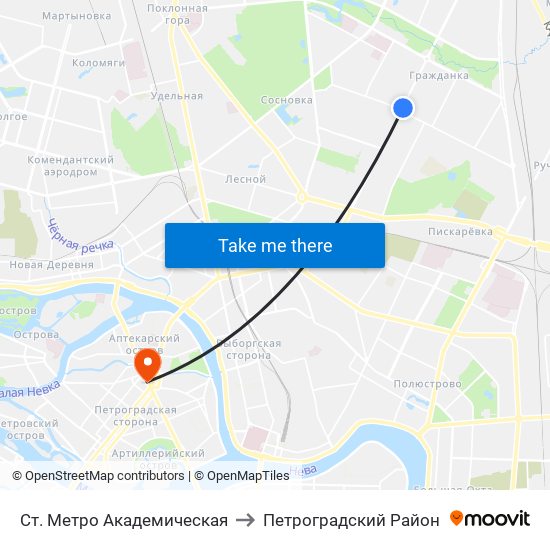 Ст. Метро Академическая to Петроградский Район map