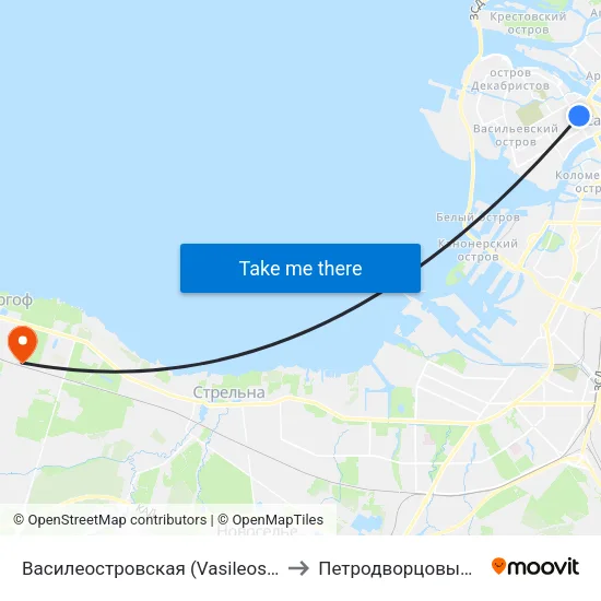 Василеостровская (Vasileostrovskaya) to Петродворцовый Район map