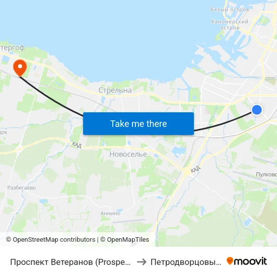 Проспект Ветеранов (Prospekt Veteranov) to Петродворцовый Район map
