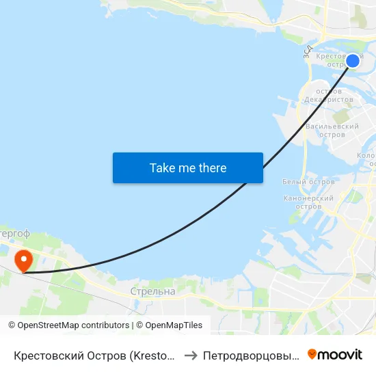 Крестовский Остров (Krestovskiy Ostrov) to Петродворцовый Район map