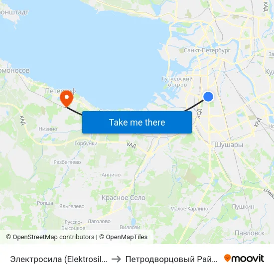 Электросила (Elektrosila) to Петродворцовый Район map