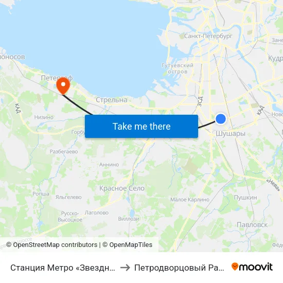 Станция Метро «Звездная» to Петродворцовый Район map