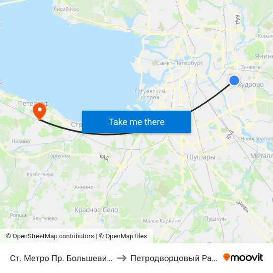 Ст. Метро Пр. Большевиков to Петродворцовый Район map
