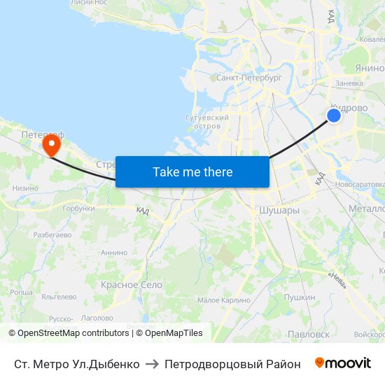 Ст. Метро Ул.Дыбенко to Петродворцовый Район map