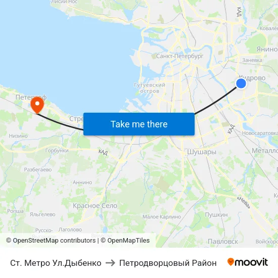 Ст. Метро Ул.Дыбенко to Петродворцовый Район map