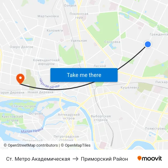 Ст. Метро Академическая to Приморский Район map