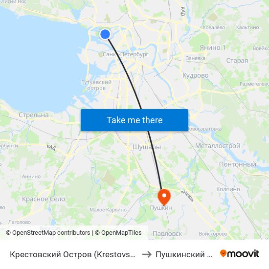 Крестовский Остров (Krestovskiy Ostrov) to Пушкинский Район map