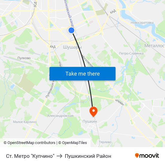 Ст. Метро "Купчино" to Пушкинский Район map