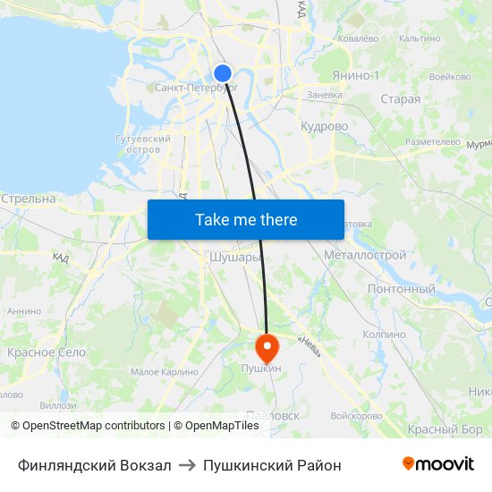 Финляндский Вокзал to Пушкинский Район map