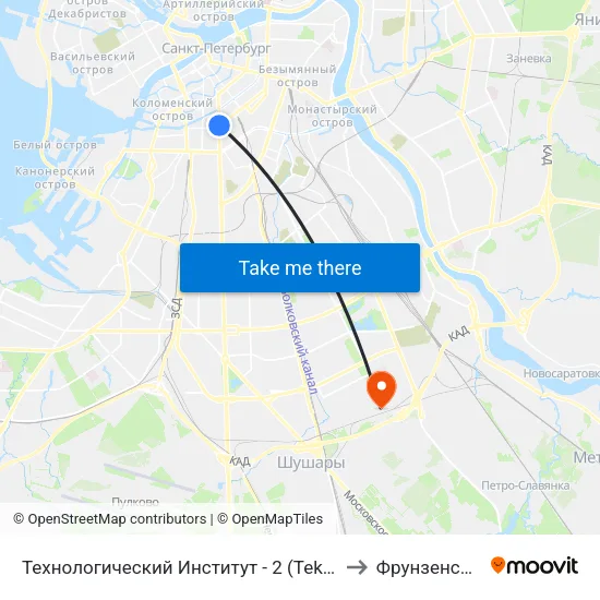 Технологический Институт - 2 (Tekhnologicheskiy Institut - 2) to Фрунзенский Район map