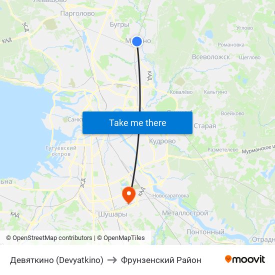 Девяткино (Devyatkino) to Фрунзенский Район map
