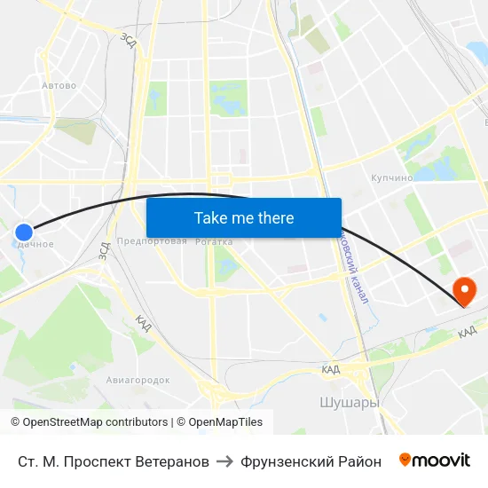 Ст. М. Проспект Ветеранов to Фрунзенский Район map